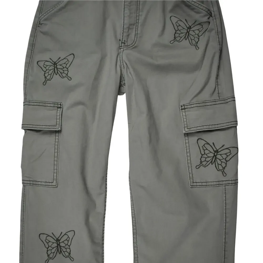 Hollister Women's Cargo Dad Pants 00 / 24 Green Butterfly Ultra High Rise Y2K